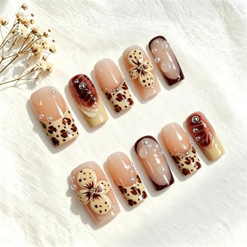 Medium Square Press on Nails,3D Flower Handmade French Fake Nails - color: style12
