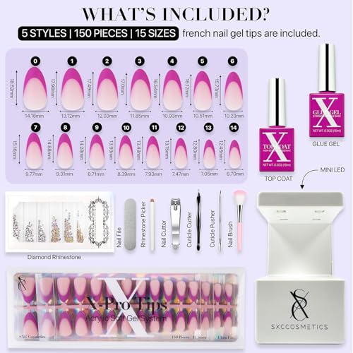 SXC Cosmetics French Tip Press On Nails – Purple Series, Medium Almond, X-Pro Tips Starter Kit | 150PCS, 15 Sizes, 5 Styles, Beginner-Friendly - color: Purple - M Almond