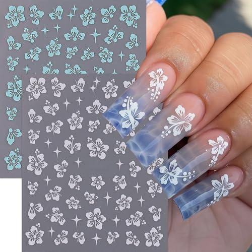 10 Sheets Hibiscus Flower Nail Stickers for Nail Art Petal Floral Nail Art Decals 3D Self-Adhesive Pink Blue Gold Silver Hibiscus Nail Design Pegatinas Uñas for Women DIY Manicure Decor Accessories - style: hibiscus flower