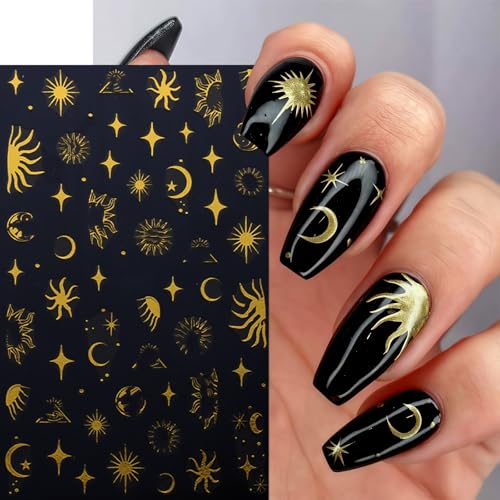 6 Pcs Gold Star Nail Stickers for Nail Art,Self-Adhesive Red Diamond Star Moon Nail Decals Star Moon Sun Pegatinas Uñas Cute Stars Nail Design Stickers Nail Art Supplies for Women Nail Decorations - style: gold star