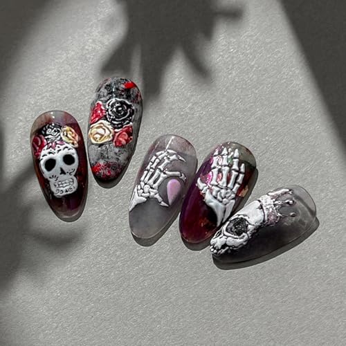 Halloween Nail Stickers for Nail Art Charm Skull Halloween Fingernail Nail Art Stickers Black 5D Embossed Nail Decals 3D Self-Adhesive Nails Supply Manicure Sliders for Nail Decoration - color: Halloween Style13