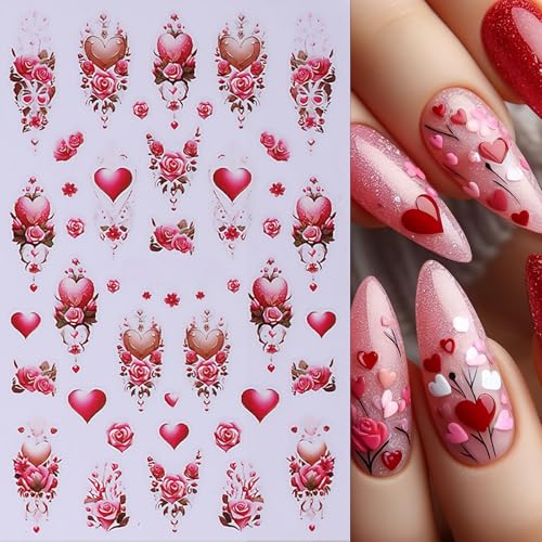 5Pcs Valentine's Nail Art Stickers Rose Heart Flower Nail Stickers 3D Self-Adhesive Love Heart Nail Decals Purple Pink Hollow Heart Nail Design Valentines Nails Supplies for Women Wedding Manicure - style: heart flower