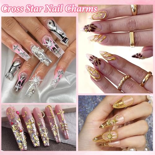 Gold Silver Caviar Nail Beads, 3D Starburst Chain Cross Nail Charms - color: S2