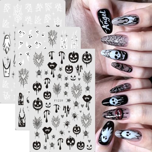 Halloween Nail Art Sticker Pumpkin Spider Web Nail Sticker 6Pcs French 3D Self-Adhesive Pumpkin Heart Spider Web Nails Decals French Flame Nail Supplies Accessories for Halloween Manicure Decoration - color: Pumpkin Spider Web