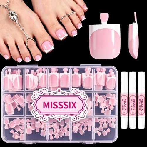 Misssix Press on Toenails Short, 150pcs French Tip Toe Nails with Glue - color: Pink White French Tip toe nails