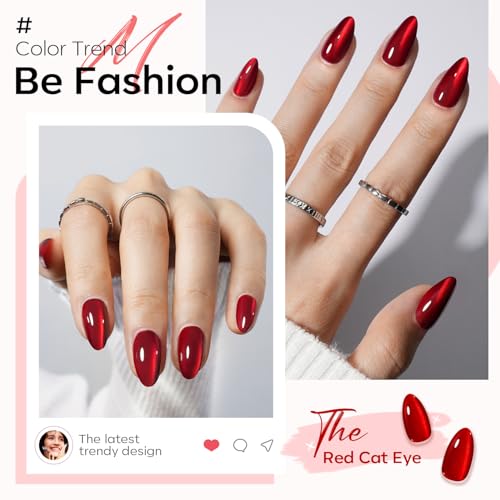 Modelones Red Cat Eye Press on Nails Almond, Halloween Short Fake Nails