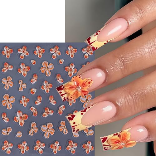 4sheets 5D Embossed Flower Nail Art Stickers Self Adhesive Fall Yellow Flowers Nail Stickers Autumn Orange White Daisy Nail Decals Orange Petal Daisies Nails Supplies for Women Manicure Accessories - style: orange flowers