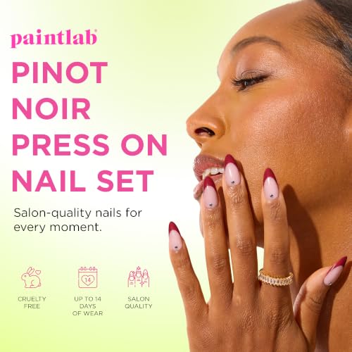 PaintLab 3D Gem Red French Tip Press On Nails, Medium Almond, 30pc Nail Kit - color: Pinot Noir