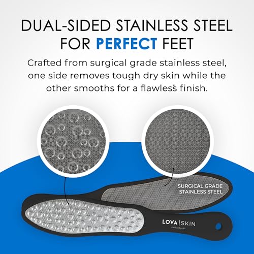 LOVA Skin Black Professional Foot File | Stainless Steel Foot Scraper and Callus Remover Tool | Double-Sided Pedicure Foot File for Dead Skin and Hard Heel Removal | Durable Hygienic Design - color: Black
