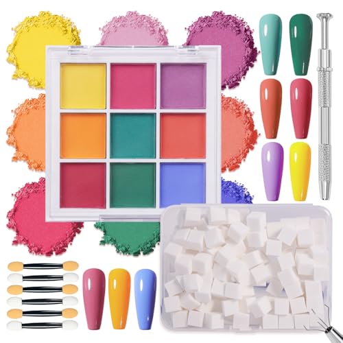9 Colors Nail Pigment Powder Palette Set, Pigment Powder for Nails and Nail Art Sponges with Grabbing Pen, Pigmentos para Uñas, B - color: multicolored-B