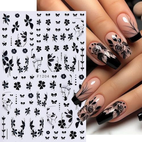 6 Pcs Flower Nail Stickers 3D Self-Adhesive Black Butterfly Nail Art Decals with Strawberry Floral Leaves Design Stickers Spring Summer Decals for Women - color: Floral