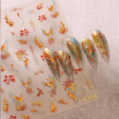 5D Embossed Nail Stickers Gold Phoenix Feather Flame Self Adhesive - color: Gold Phoenix
