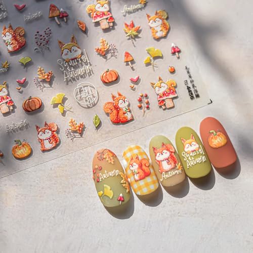 Maple Leaf Nail Stickers Fall Fox Nail Art Decals 5D Embossed Self Adhesive Autumn Leaf Pumpkin Mushroom Nuts Nails Decals for Nail Art Thanksgiving Day Nail Design for Women DIY Manicure Accessories - style: thanksgiving maple leaf