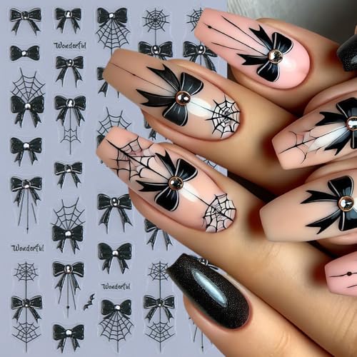 4 Sheets Embossed Halloween Nail Stickers for Nail Art 5D Self-Adhesive Black Bow Spider Web Nail Art Stickers Bow Blood Drop Bats Nail Decals Nails Design Sticker for Women DIY Festival Nail Decor - style: black bow spider web