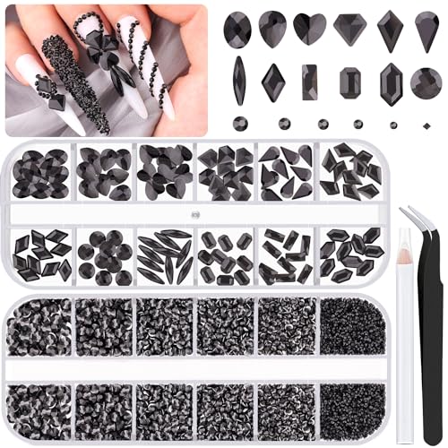 2680Pcs Black Glass Rhinestones 120Pcs Multi Shapes Flatback Gems + 2560Pcs 1.5-4mm Round Crystal, Manicure Charms Diamond Gemstones for Acrylic Nail Decoration - color: 26 Black Crystal, size: 2 pack