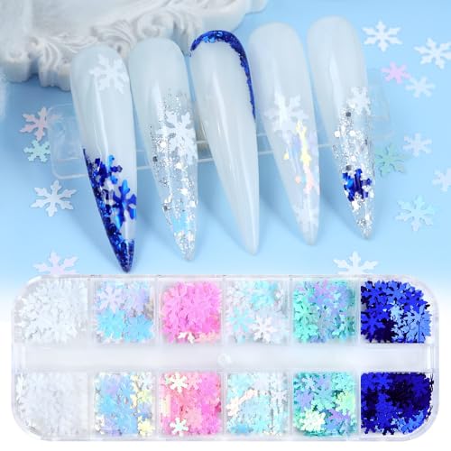 1 Box 12 Color Holographic Snowflake Nail Glitter Laser Ombre White Nail Sequins 3D Blue Nail Flakes Sparkly Glitter Flakes Shiny Nail Art Glitter Winter Christmas Nail Sequins Glitter for Nails Art - color: YHN17