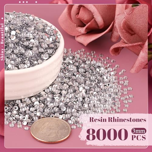 8000PCS 3mm Resin Rhinestones Bulk for Crafting (Clear), Flatback Bedazzling Crystals for Crafts DIY Nail Decoration, Gems Charms for Tumbler Shoes Clothing Fabric with Pickup Pen and Tweezers - color: B01 Resin Rhinestones (Clear), size: 3mm