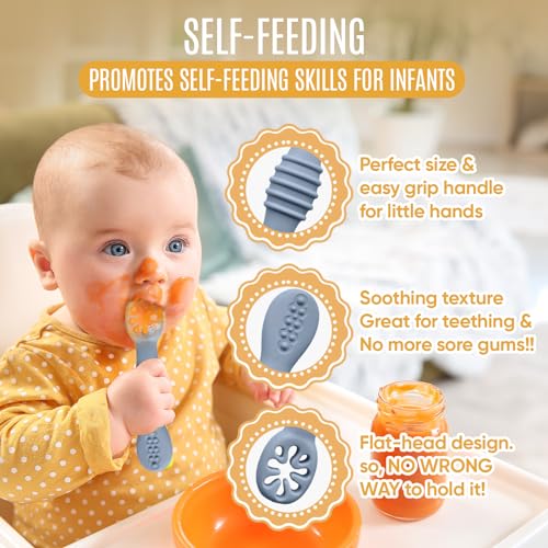 HippoBaby 4pc Silicone Baby Spoons Self Feeding Baby Utensils 6-12 Months - 3 Baby Spoon - 1 Baby Fork - Toddler Cutlery Set - BPA Free, Dishwasher Safe - Baby Eating Essentials (Gray/Beige) - color: Cloud/Khaki