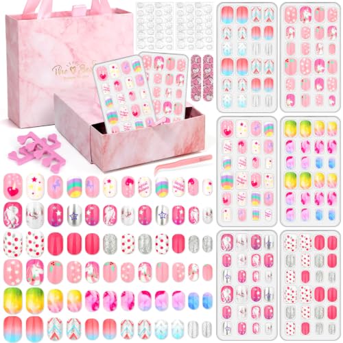 144 Pcs Press on Nails for Kids, Girls Fake Stick ons Acrylic Nails Gift Set