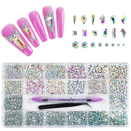 Canvalite 12 Types of 600Pcs Crystal Nail Charms & 5710Pcs Rhinestones for Nails Diamonds for DIY Crafts Flat Back Resin Rhinestones Transparent AB Gemstones Set with Drill Pen & Tweezer - color: Transparent AB, size: Large Pack