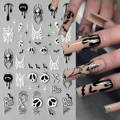 5 Sheet Halloween Nail Stickers 5D Micro Relief Self-Adhesive Cute Ghost Spider Web Nail Decals Ghost Spider Web Skull Bat Nail Design Classic Halloween Decoration for Women Manicure Art Supplies - style: micro relief ghost