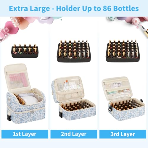 CUBETASTIC Nail Polish Organizer, Nail Supplies Storage Case Holds 86 Bottles Nail Polish & Nail Lamp, Travel Nail Tech Carrying Bag, Nail Kit Bag For Nail Stuff & Manicure Tools - color: Blue Floral, size: 86 Slots