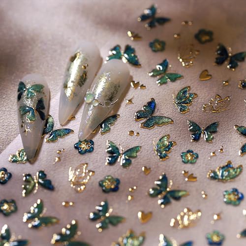 WBRRFJJ 5D Embossed Butterfly Nail Art Stickers, Green Hot Gold Butterflies, Nail Decals, Self Adhesive, Flower Heart Nail Designs, Star Nail Art Supplies, Spring Nail Stickers for Women - style: Butterfly Nail Stickers-4
