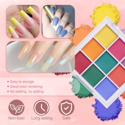 9 Colors Nail Pigment Powder Palette Set, Pigment Powder for Nails and Nail Art Sponges with Grabbing Pen, Pigmentos para Uñas, B - color: multicolored-B