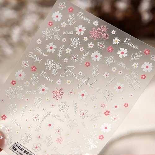 1 Sheet Flower Nail Art Stickers Floral Daisy Nail Decals Pink White Cute Daisy Small Flower Spring Summer Nail Design Daisy Floral Manicure Nail Supplies for Women DIY Nail Decorations Accessories - style: pink daisies