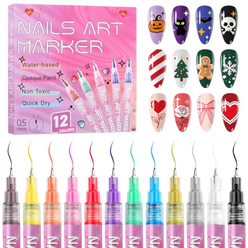 12 Colors Nail Art Pens Set, TOROKOM Nail Art Markers 3D Nail Polish Pens - color: 12 Color-E
