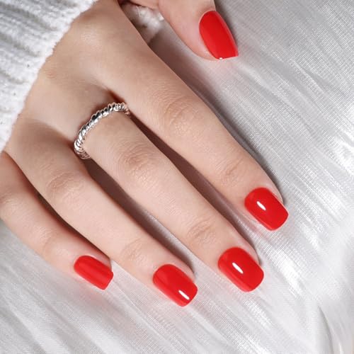 Red Press On Nails - Classic Red Short Square Fake Nails - color: 4B - ClassicRed