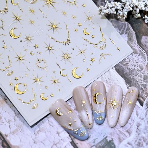 1 Sheet Gold Moon Star Nail Sticker for Nail Art Gold Nail Art Stickers Luxury Nail Decals for Nails Designs 5D Embossed Moon Heart Nail Art Sticker Nail Supplies Nail Decor for Women DIY Manicure - style: gold stars