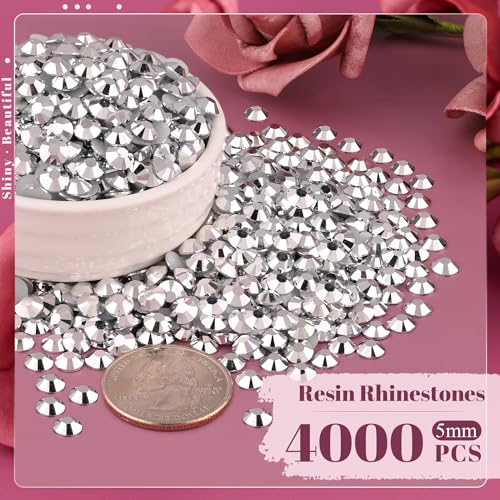 4000PCS 5mm Resin Rhinestones Bulk for Crafting (Silver), Flatback Bedazzling Crystals for Crafts DIY Nail Decoration, Gems Charms for Tumbler Shoes Clothing Fabric with Pickup Pen and Tweezers - color: B03 Resin Rhinestones (Silver), size: 5mm