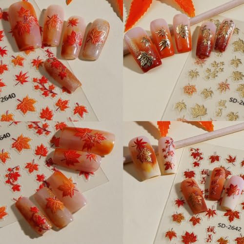 6Sheets Fall Nail Stickers Red&Gold Maple Leaf Design - color: Red & Gold