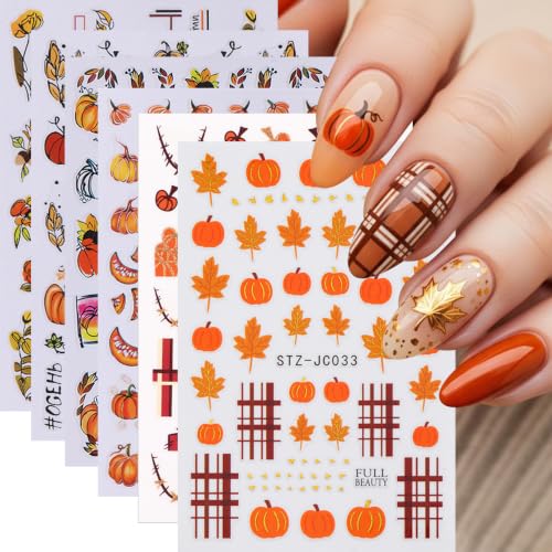 6 Sheets Fall Nail Stickers 3D Self-Adhesive Thanksgiving Nail Decals Autumn Maple Leaf Nail Art Stickers Pumpkin Fruit Fallen Leaves Sunflower Nail Design for Women Holiday DIY Manicure Accessories - color: Fall
