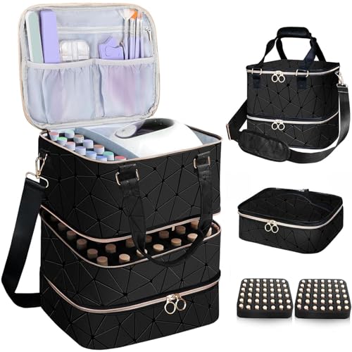 DHXYZZB Nail Polish Organizer and Storage-Holds 84 Bottles (15ml/0.5fl.Oz), Manicure Tools & UV Lamp, 3-Layer Detachable PU Leather Nail Kit Storage Bag, Large Nail Supplies Shoulder Bag (Black) - color: Black