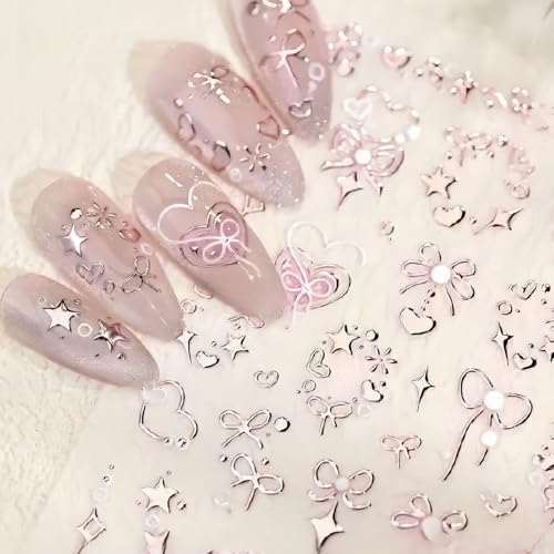 2 Sheets Valentine's Nail Art Stickers 5D Embossed Pink Bow Nail Stickers for Nail Art Romantic Heart Bow Nail Decals Pink Valentine's Designs Nail Supplies Nail Decoration for Women DIY Manicure - style: pink bow