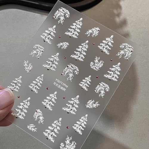 Christmas Nail Stickers for Nail Art Relief Christmas Tree Nail Art Stickers Holiday 5D Embossed White Nail Decals Self-Adhesive Nails Supply Manicure Sliders for Nails Decoration - color: White Christmas Tree
