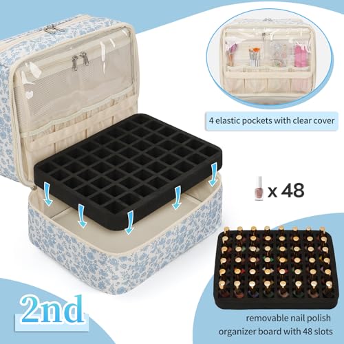 Nail Polish Organizer, Nail Supplies Storage Case Holds 69 Bottles Nail Polish & Nail Lamp, Travel Nail Tech Carrying Bag, Nail Kit Bag for Nail Stuff & Manicure Tools (Floral Blue, 69 Slots) - color: Blue Floral, size: 69 Slots