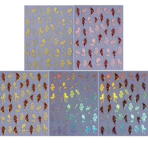 Halloween Dragon Nail Art Stickers Metallic Holiday Nail Decals, 5 Sheets - color: Multicolor-11