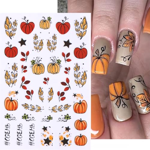 6 Sheets Fall Nail Stickers for Nail Art Pumpkin Maple Leaf Nail Decals 3D Self-Adhesive Thanksgiving Flower Leaves Design Nail Stickers Holiday Nail Art Supplies for Women Autumn Nail Art Decoration - style: Thanksgiving Nail Stickers-12