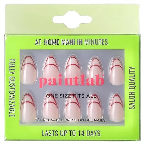 PaintLab Red Outline Press On Nails, Short Almond, 24pcs Nail Kit - color: Red Outline