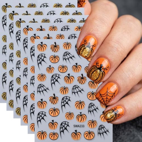 Halloween Pumpkin Nail Art Stickers Spider Webs Nail Art Decals 6 Sheets 3D Self-Adhesive Glitter Orange Yellow Pumpkin Stickers for Women Halloween Nail Supplies Fall Nail Decorations - color: Halloween Style4