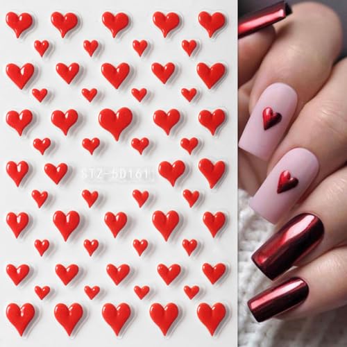 Valentine’s Day Nail Art Stickers 5D Embossed Heart Nail Decals Self-Adhesive Nail Art Supplies 2PCS Romantic Red Love Heart Valentines Nails Design Adhesive Stickers for Nails Manicure Decorations - style: 5d red heart