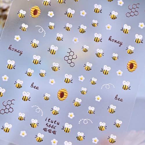 1 Sheet Flower Nail Art Stickers 5D Embossed Cute Bee Nails Decals Spring Daisy Bee Design Summer Bees Floral Nail Designs Accessories Cute Floral Bees Nail Supplies for Women DIY Manicure Decorations - style: bee