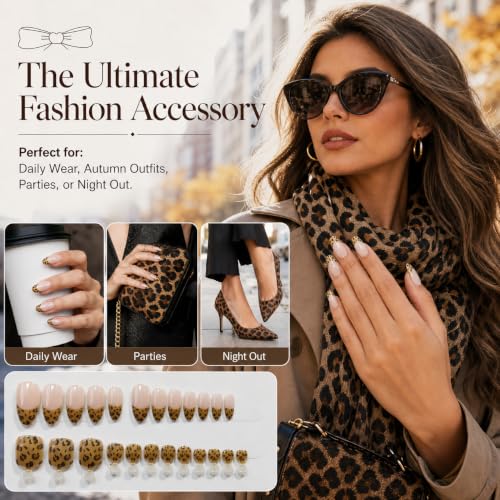 48pcs Leopard Print Press on Nails and Toenails Set, Almond Nude French Tip Fake Nails with Cheetah Designs, Full Cover Short Square False Toe Nails Bundle, 2-in-1 DIY Manicure Kit for Women - color: leopard French