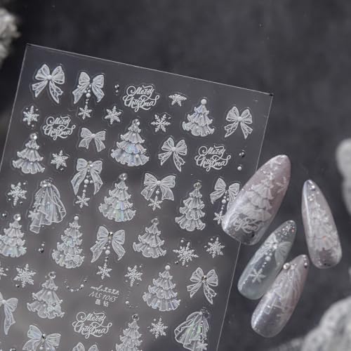 1 Sheet Christmas Nail Stickers 5D Embossed Winter Nail Decals White Snowflake Lace Xmas Tree Bow Nail Art Sticker with Rhinestones Design Christmas Nail Supplies for Women Manicure - color: Christmas02