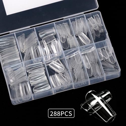 Square Nail Tips 288 Pcs 12 Sizes, Pre-Etched Soft Gel Full Cover Nail Stickers, Transparent Press on Fake Nails for Home DIY, Nail Salons, Nail Art & Extension, Long Lasting Clear False Nails - size: Square