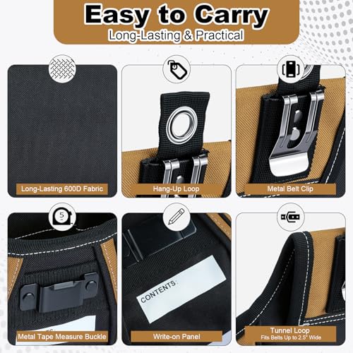 MELOTOUGH Nail and Screw Organizer Bag for Electricians and Carpenters, Tool Belt Pouch with Belt Clip, Heavy Duty Work Fastener Pouch - color: Brown