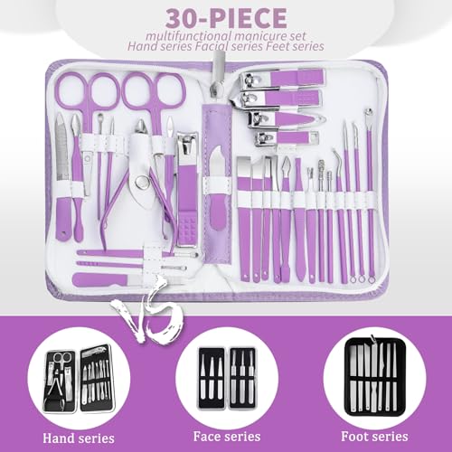 30Pcs Stainless Steel Nail Clipper Set with Luxurious Travel Case - color: 30 in 1 Purple